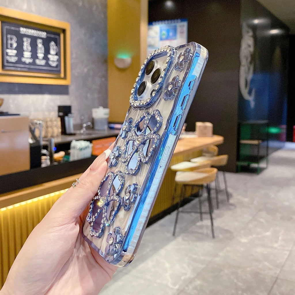 Plum blossom diamond flower plated phone case for iPhone in rose gold, TPU and acrylic back cover with bracket