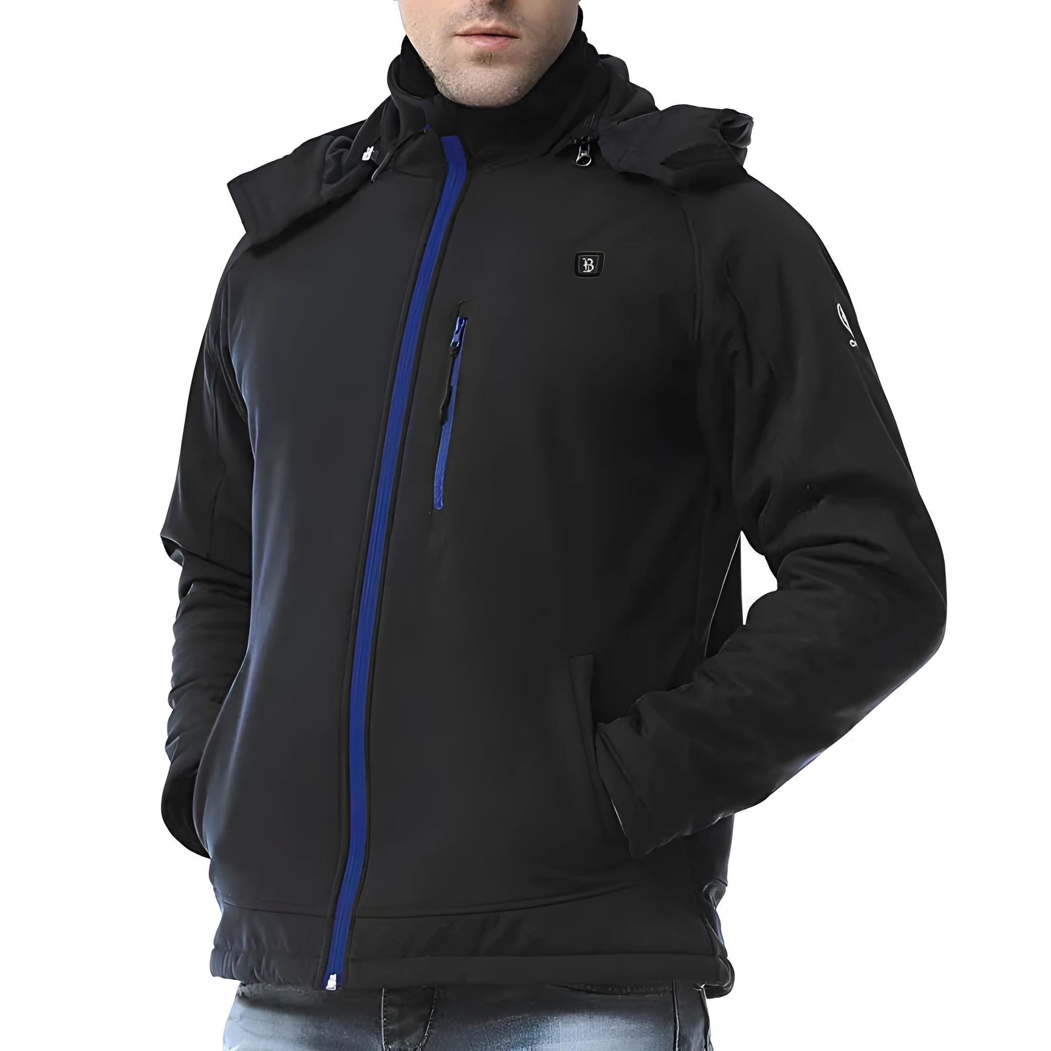Black USB heated winter coat for men with waterproof windproof features