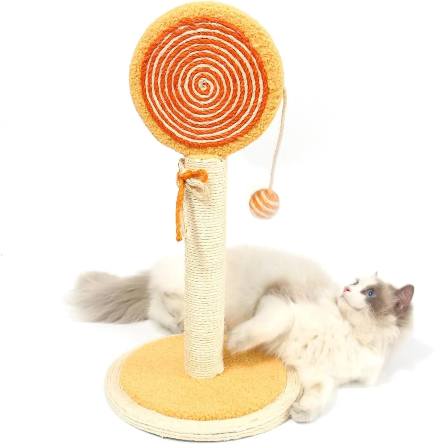Cat scratching post with hanging ball toy in natural sisal rope on wooden base