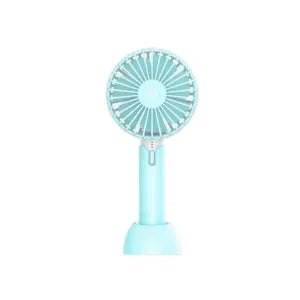 Blue handheld mini USB desk fan with three-speed control and shaking head