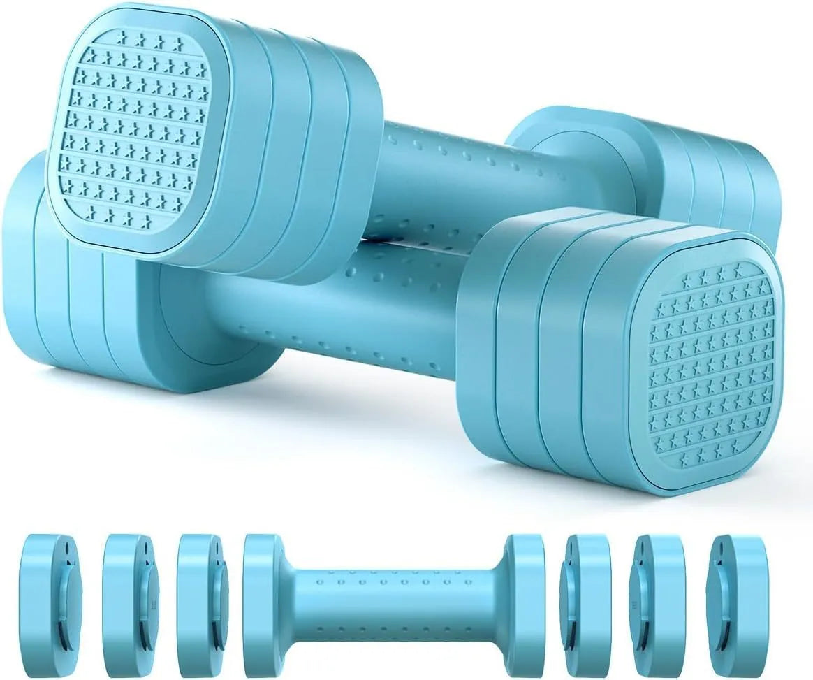Set of pink detachable ABS plastic dumbbells for women's fitness, showing 5 lb weight.