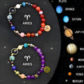 Set of two natural stone beaded bracelets with adjustable cords on a wooden surface, showing zodiac charm details.