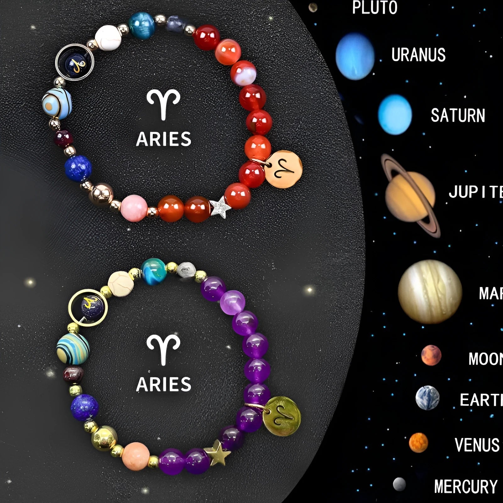 Set of two natural stone beaded bracelets with adjustable cords on a wooden surface, showing zodiac charm details.