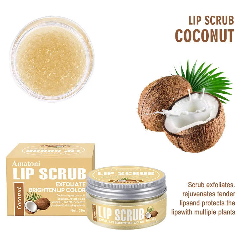 Amatoni fruit flavour lip scrub cream jar in choice of Coconut, Raspberry, Vanilla, or Watermelon, 30g.