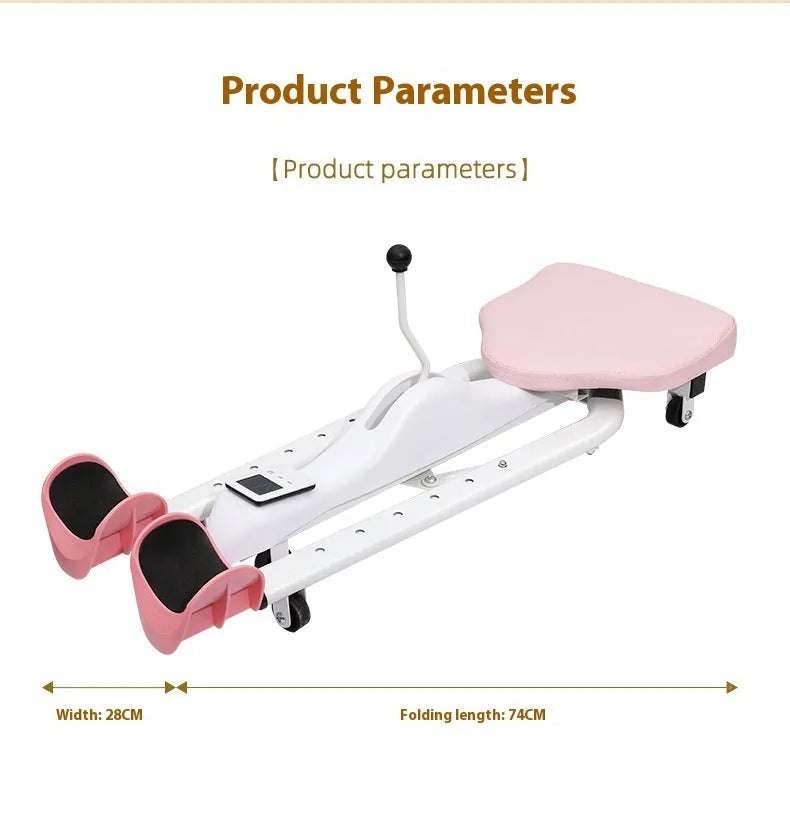 Pink and blue leg stretching equipment with steel frame and foam padding, shown with and without a backrest.