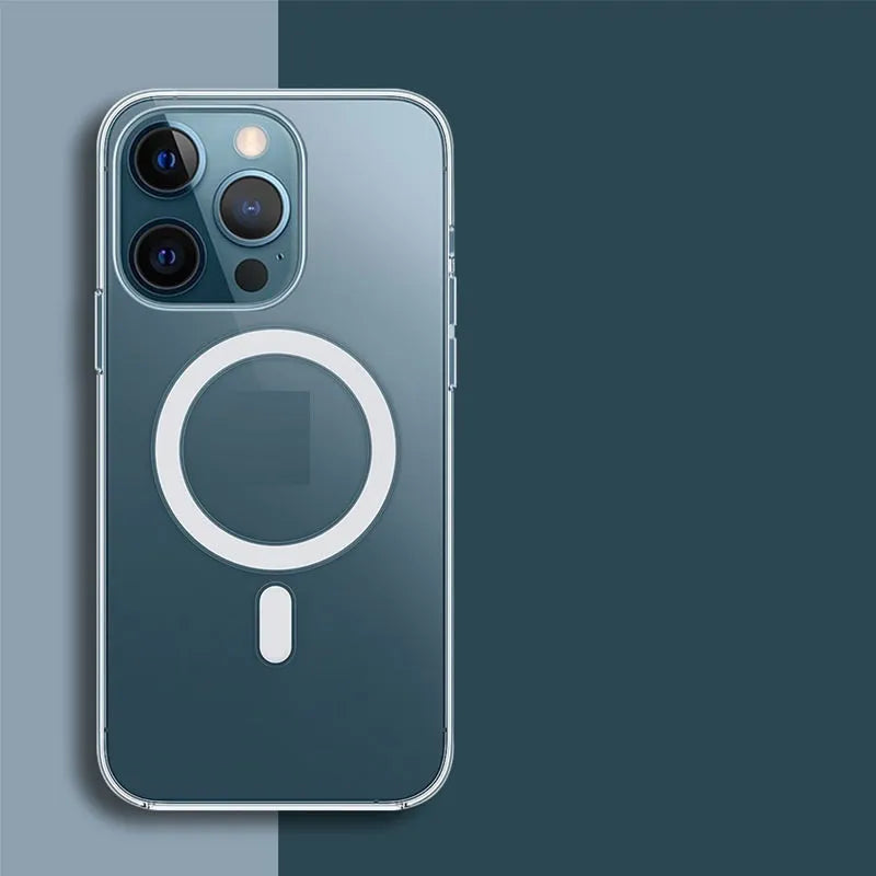 Fully transparent magnetic back cover case for iPhone showing integrated magnet ring on a phone.