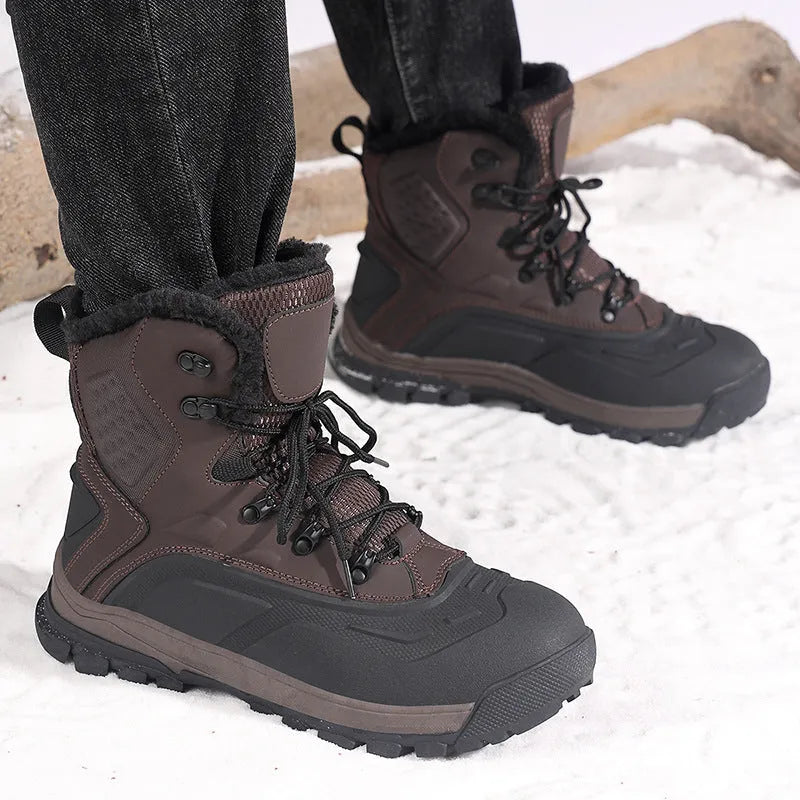 Men's black high-top lace-up boots with a fleece-lined interior and flat heel, shown from the side.