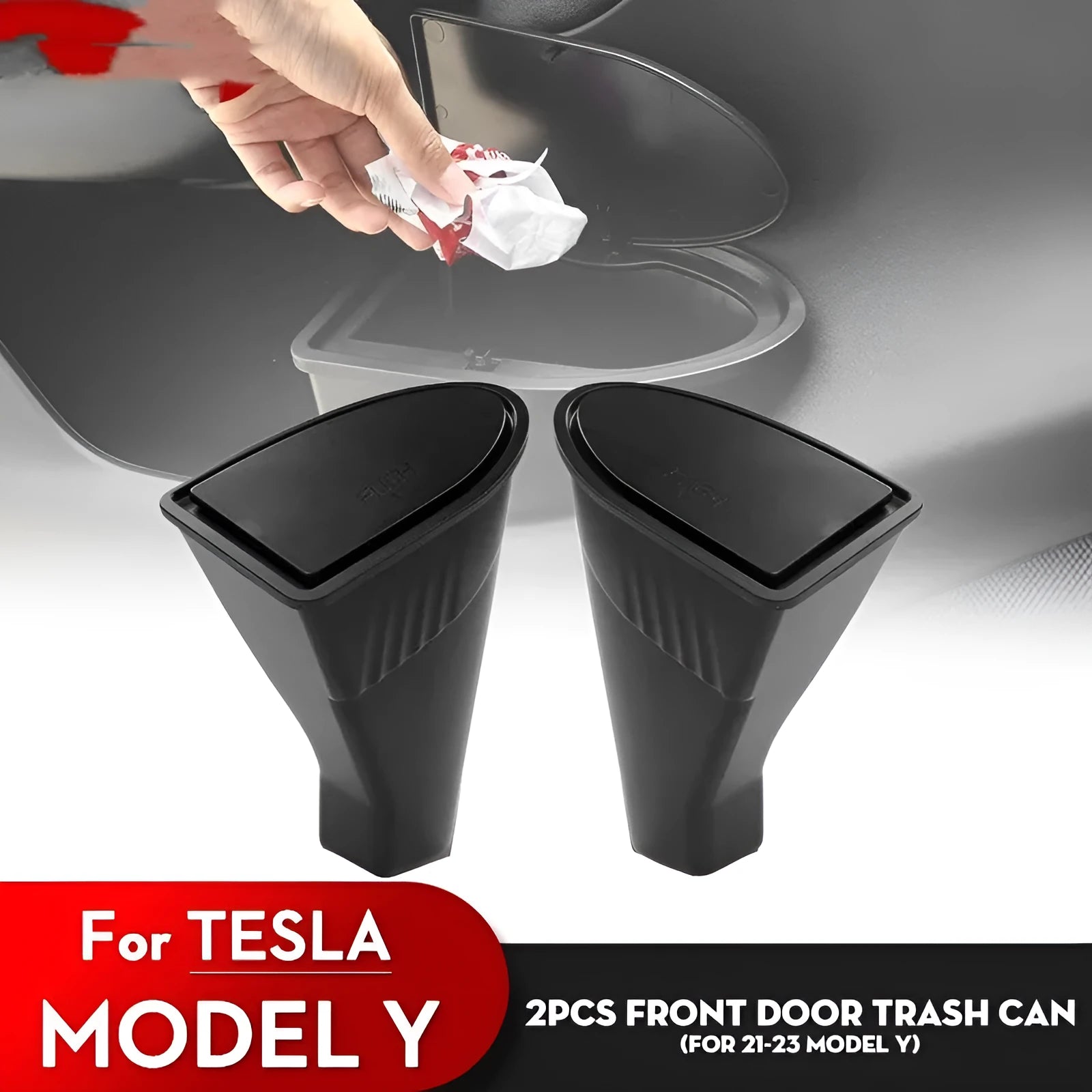 Two black ABS plastic storage and trash can bins designed for the front door panels of a Tesla Model Y.