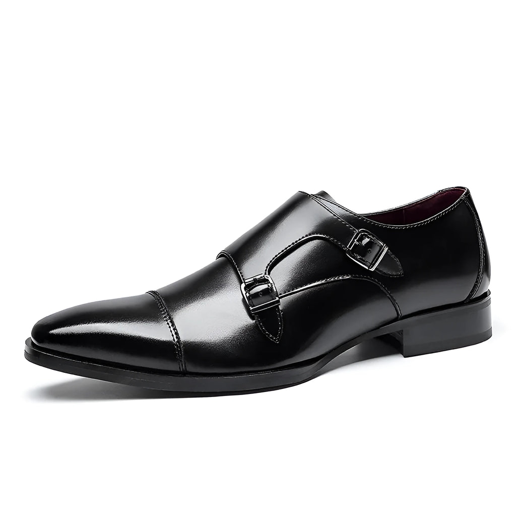 Men's black and light brown leather business shoes with square toe and rubber soles
