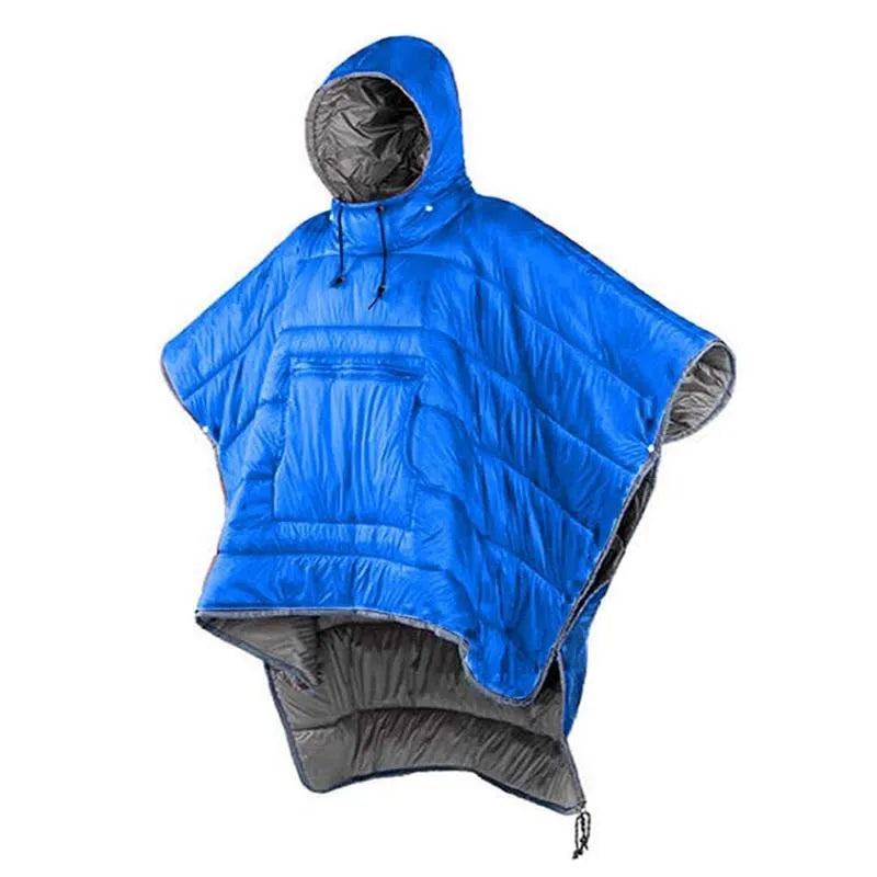 Army Green outdoor cloak sleeping bag with nylon shell shown in wearable configuration