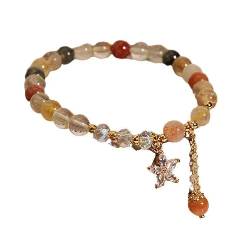 Coloured hair crystal bracelet with single circle design and chosen charm: cat's paw, purse, flower, or zircon butterfly