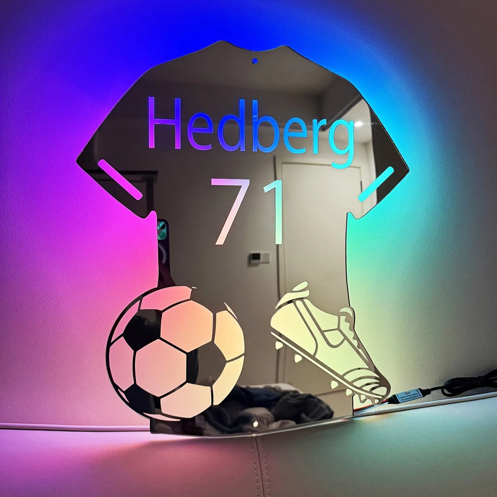 LED football jersey mirror light with 12 colours and remote control, acrylic wall night light in three sizes