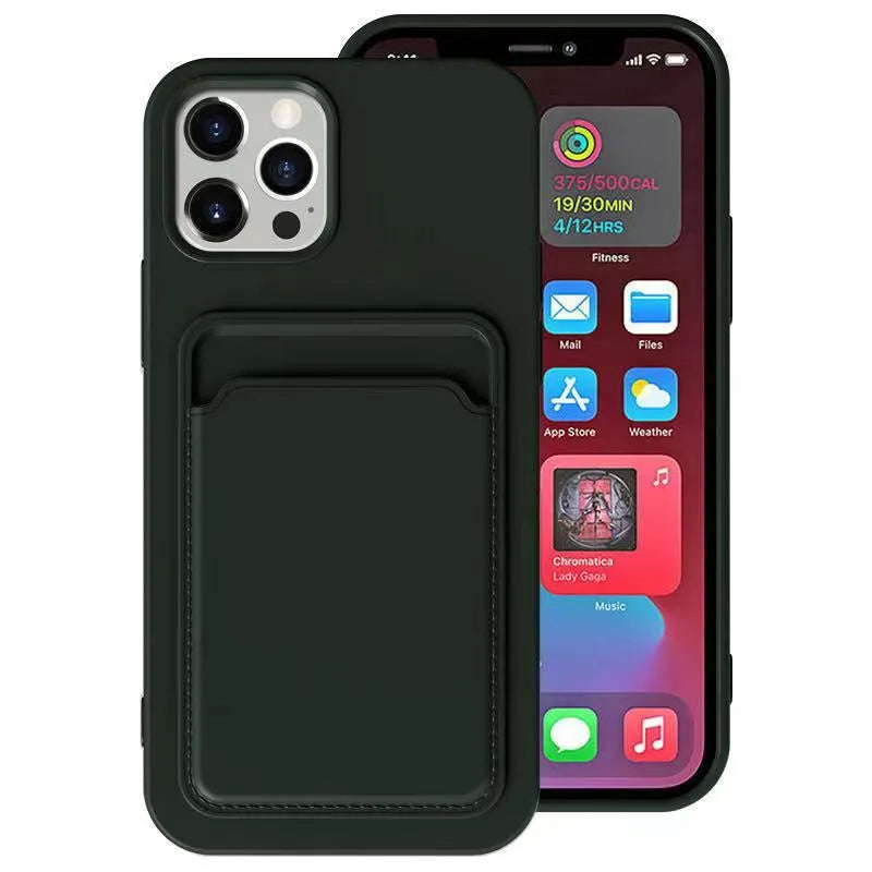 TPU card slot phone case for Apple iPhone in black with card inserted in rear slot