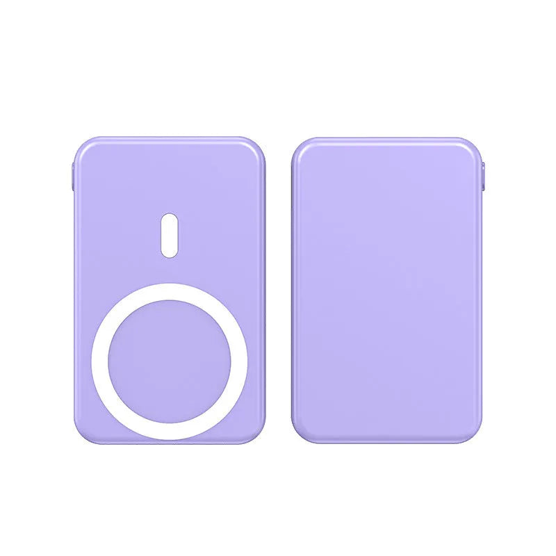 Magnetic wireless charging power bank with folding bracket showing capacity options and colour variations