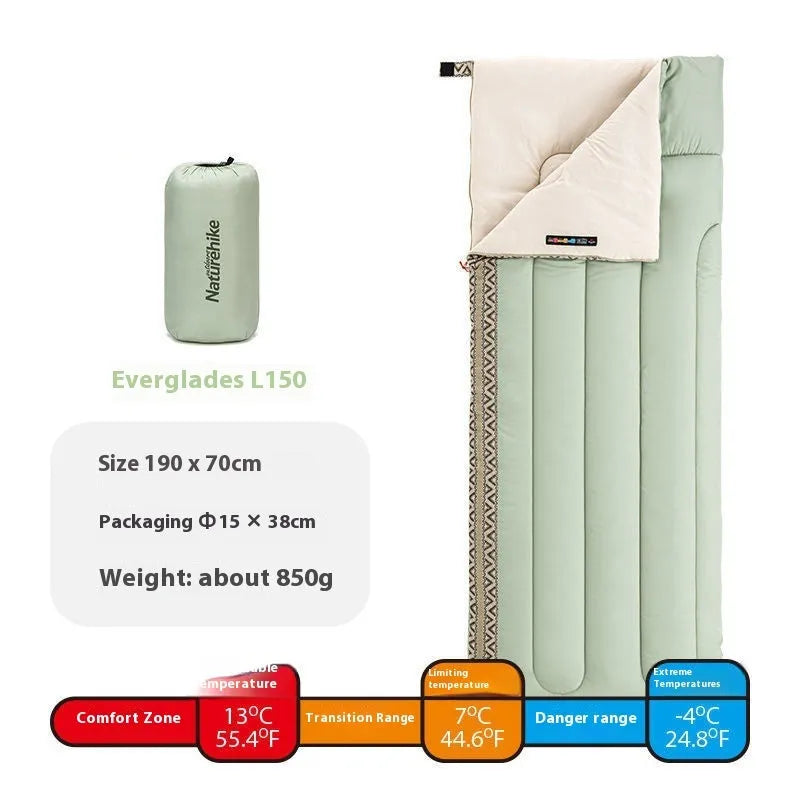 Four seasons outdoor camping sleeping bag in three colours with storage bag
