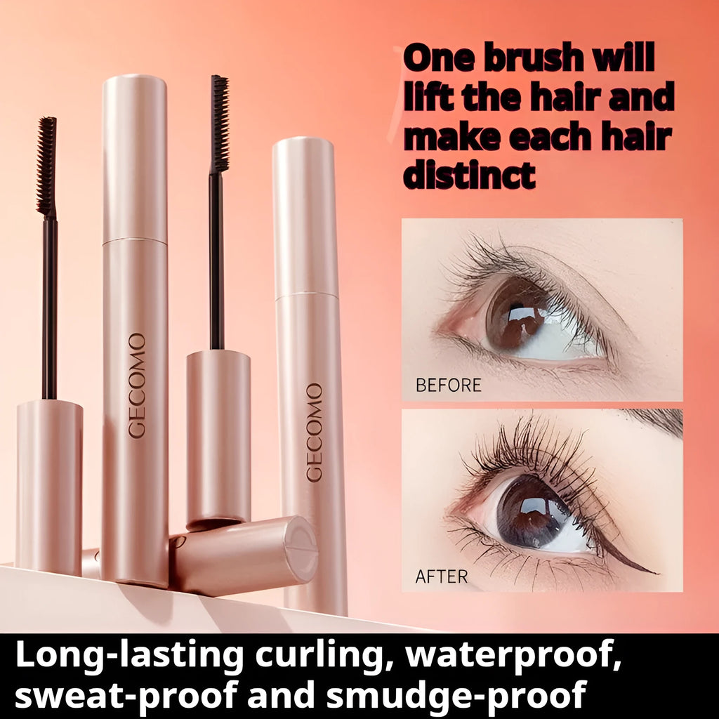 Black natural curly long mascara container with curved brush applicator showing 14cm length