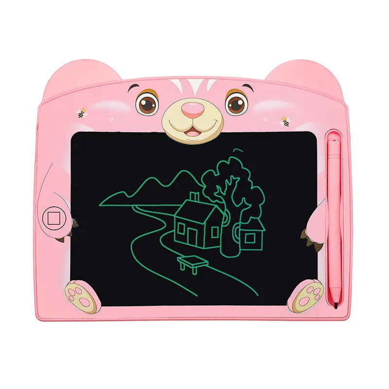 Sky blue children's LCD writing tablet with bear cartoon design showing writing area and stylus
