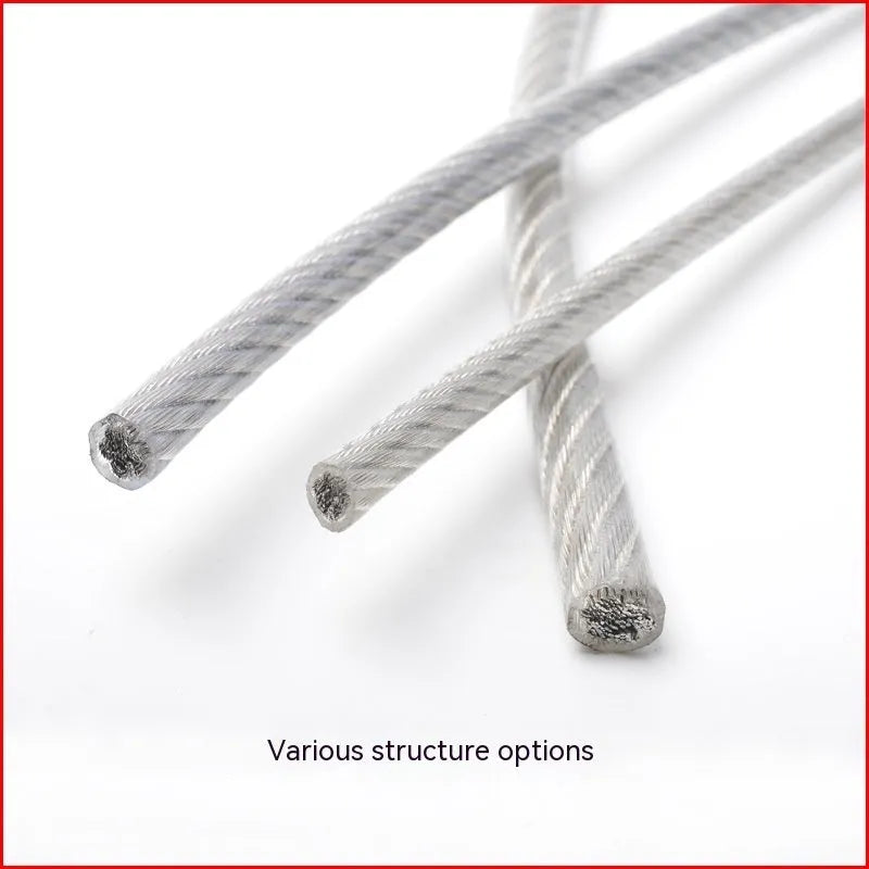 Coiled 304 stainless steel anti-theft security wire rope with a black coated finish on a grey background.