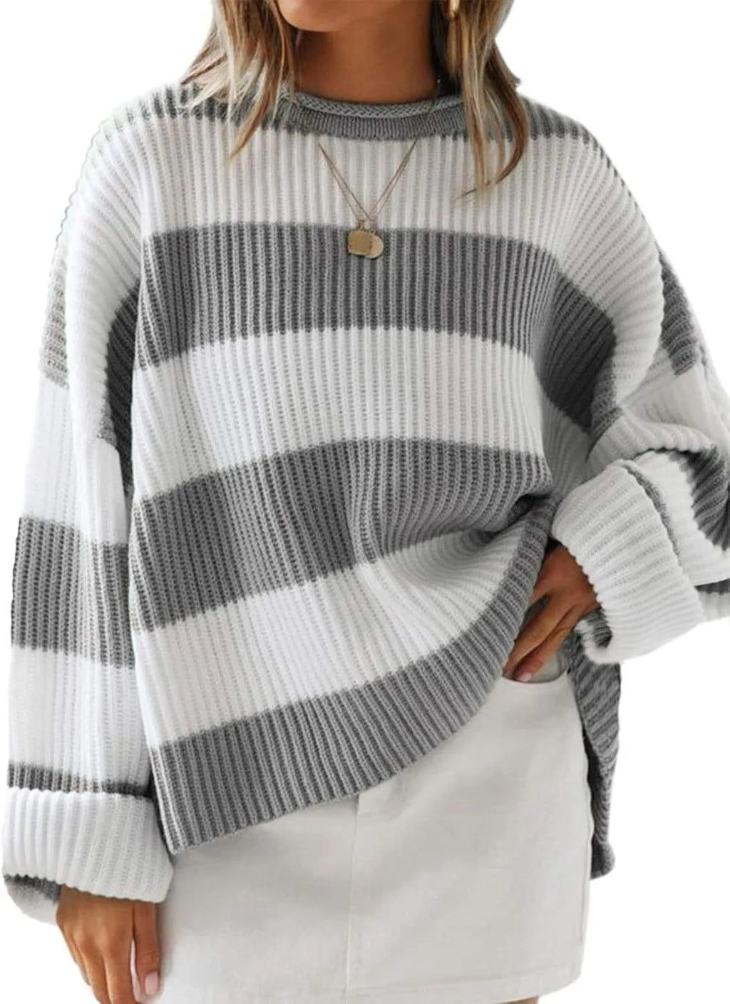 Women's bell sleeve loose striped knit sweater pullover in viscose fibre with crocheted flower detail