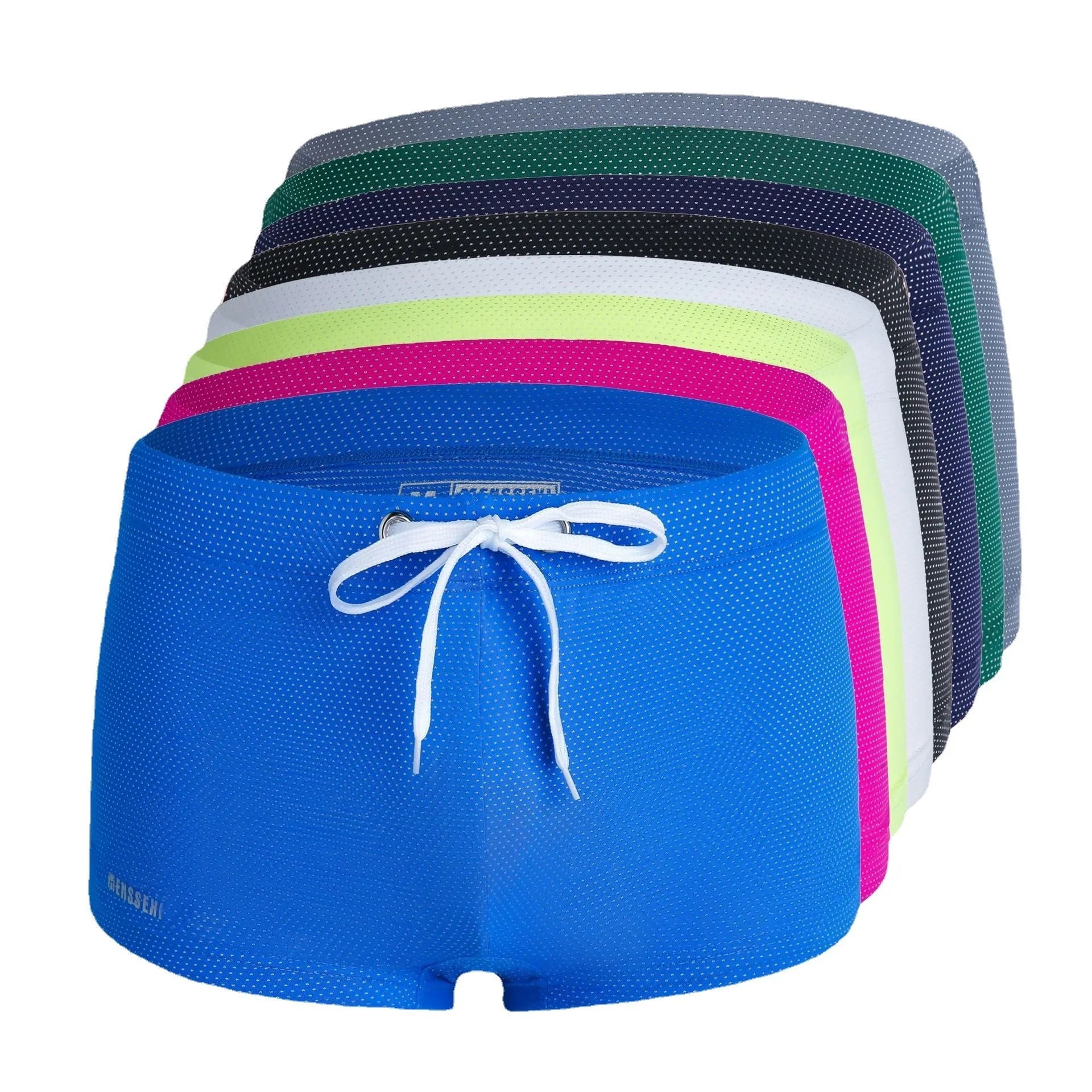 Men's solid colour nylon lace low waist swimming trunks in boxer briefs style.
