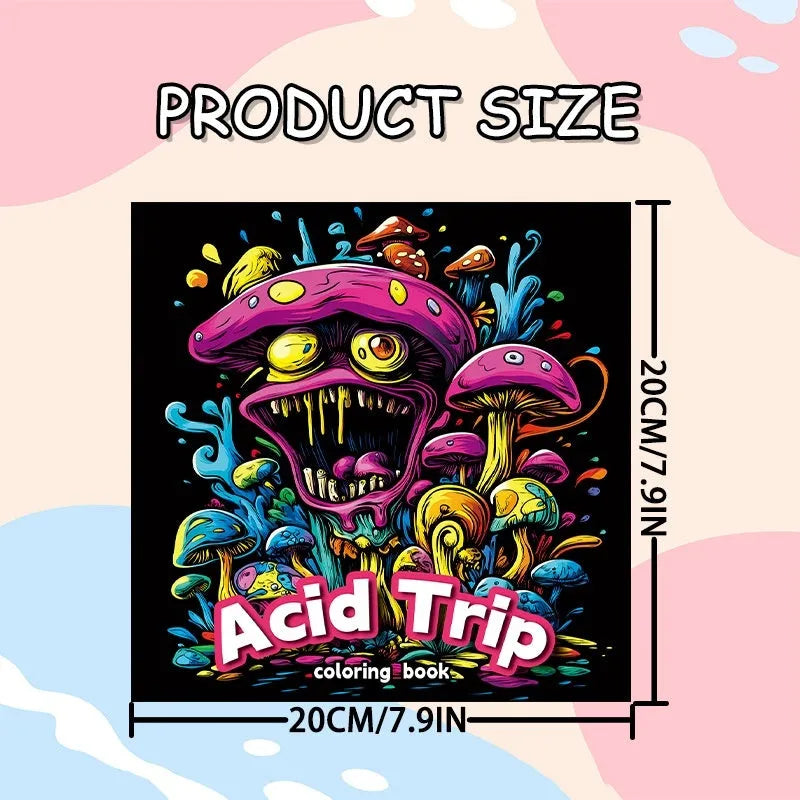 Acid tour coloured painting book showing landscape format with 200mm length measurement