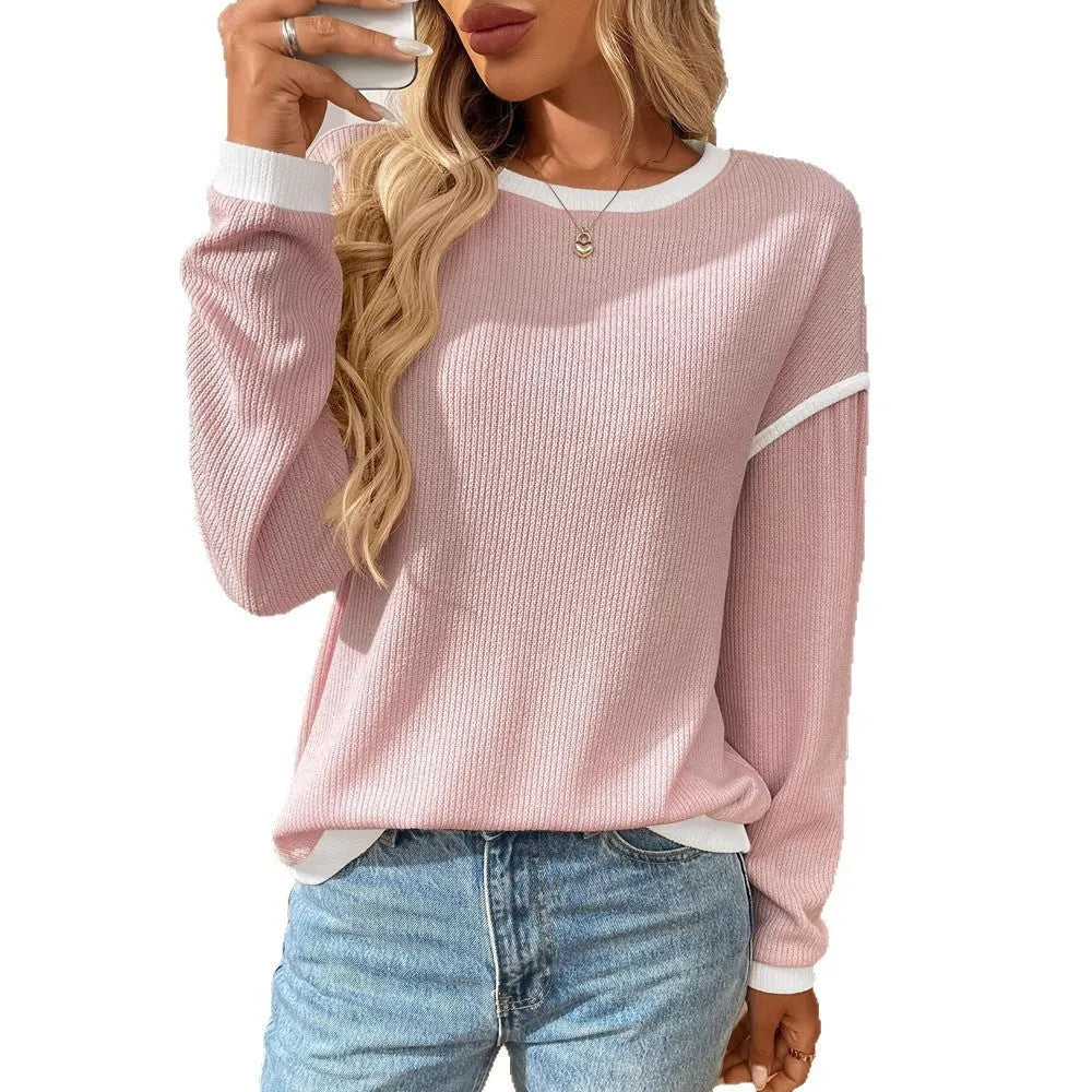 Women's loose round neck long sleeve polyester top in multiple colour options