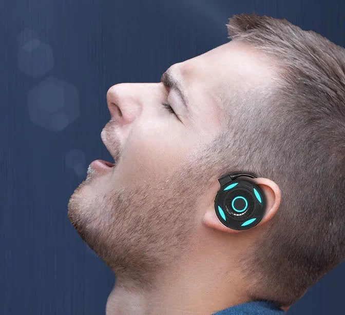 Black and white Bluetooth 5.0 wireless earphones with hanging ear design