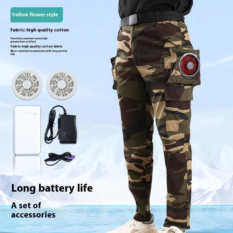 Men's pure cotton welder's fan pants in Army Green with battery accessory
