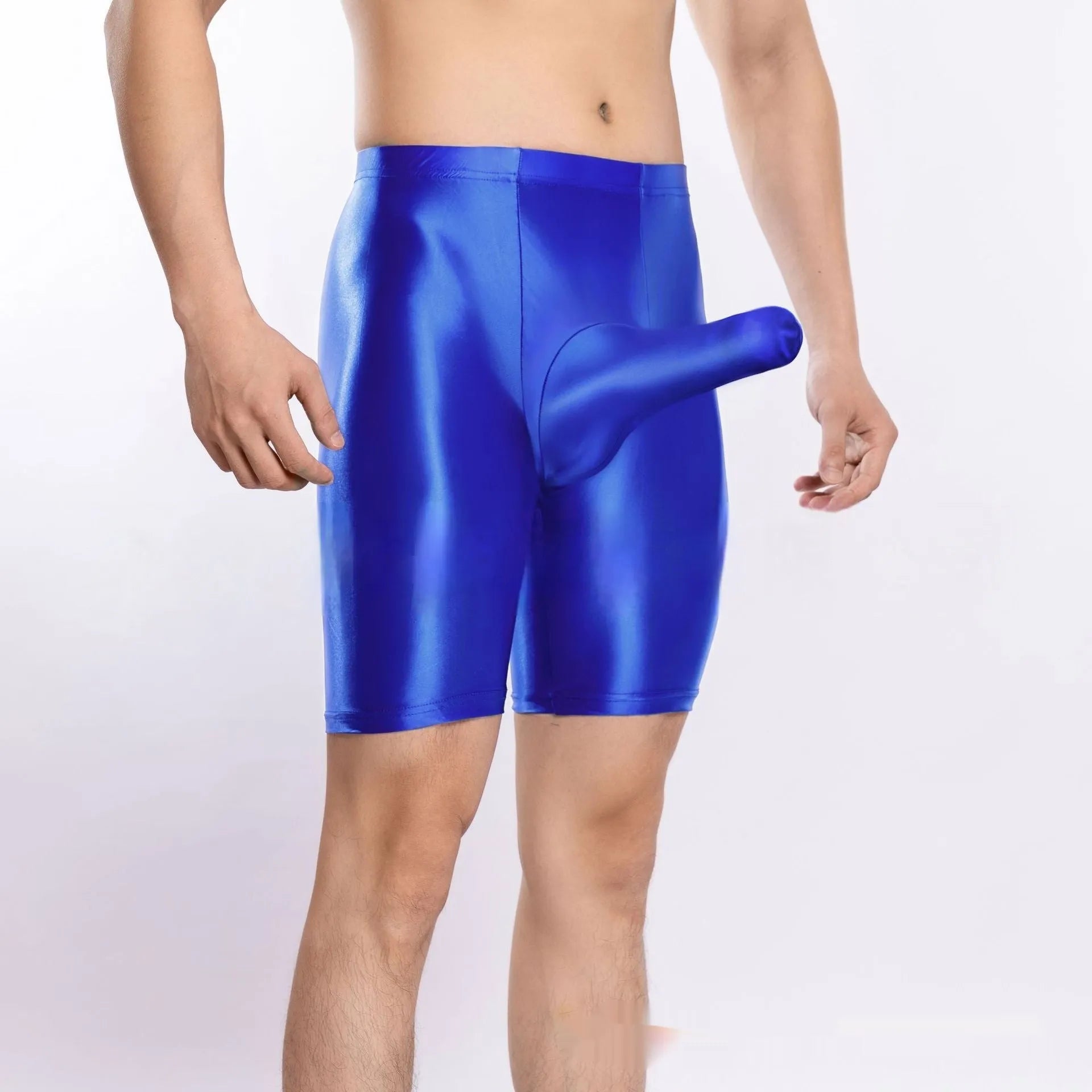 Men's plus size shiny nylon sports shorts in multiple colours on size chart.