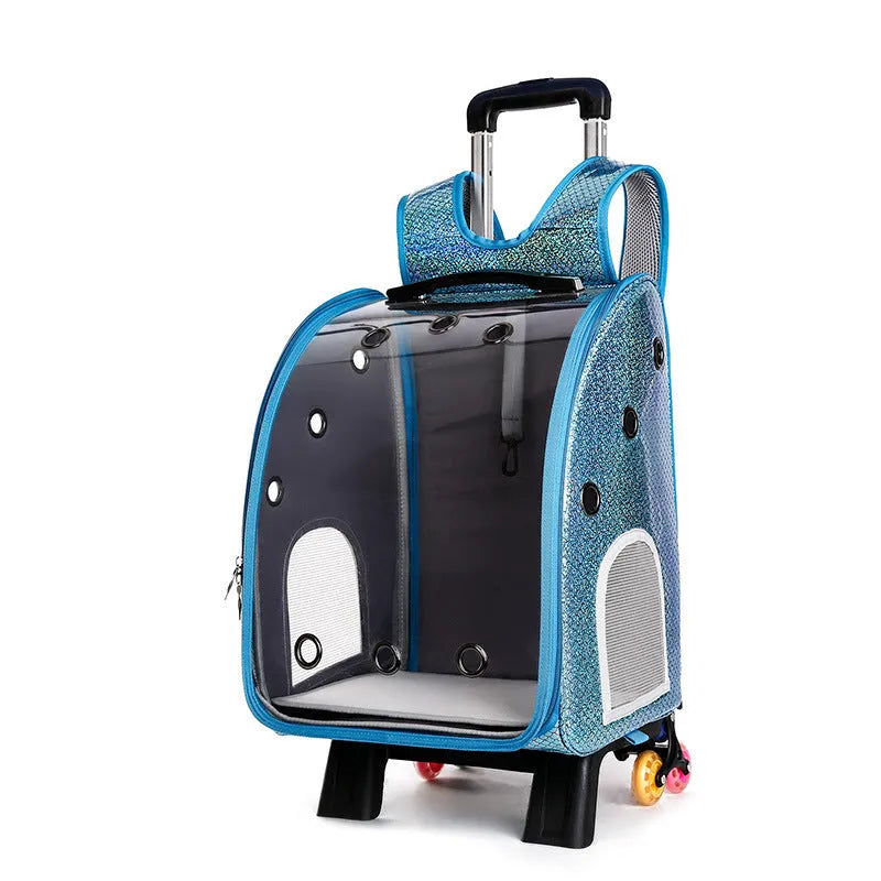 Transparent pet trolley diaper bag with folding shoulder design in blue colour