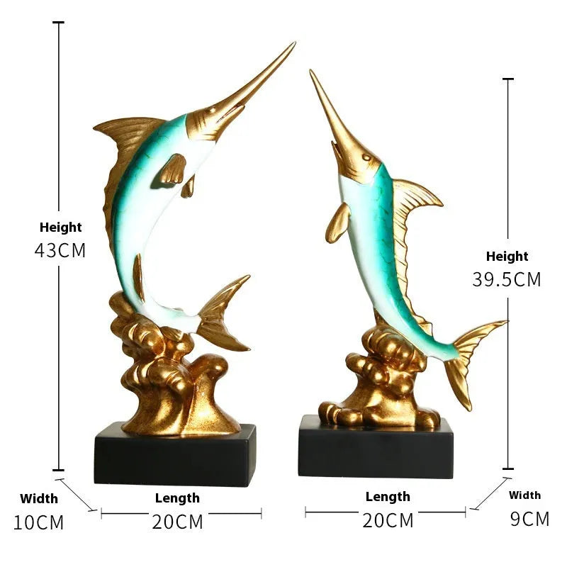 European-style resin swordfish decorative ornament in a choice of four colours on a shelf.