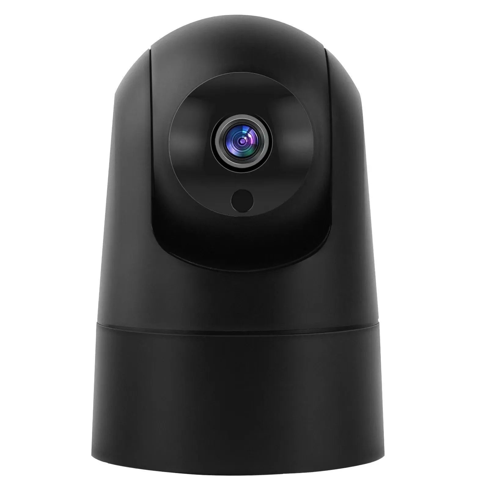 White indoor pan tilt security camera with lens on a compact square base, showing remote movement and two-way audio features.