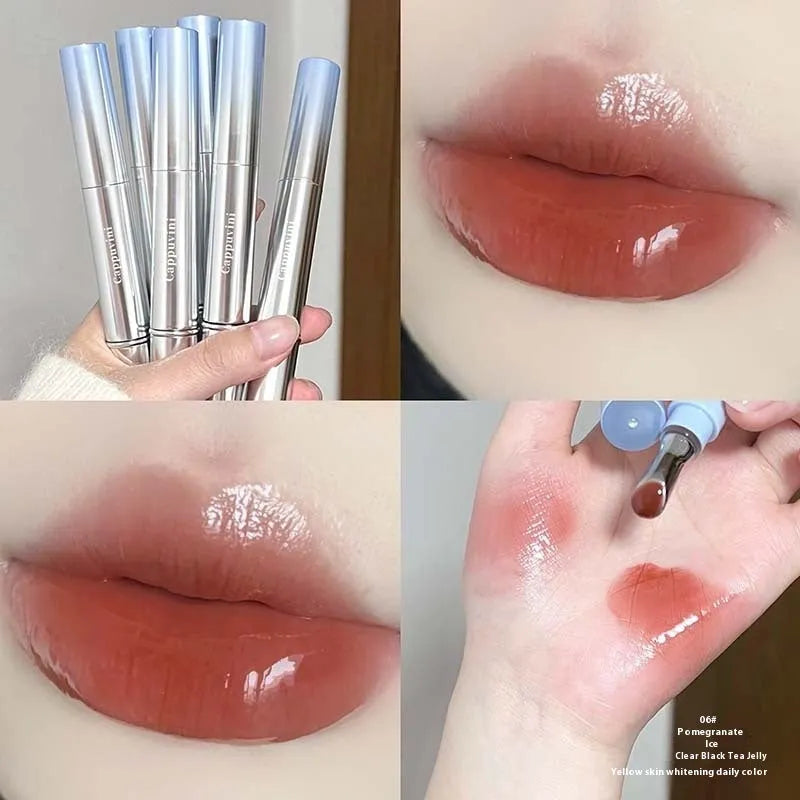 Mirror Water Light Lip Gloss Lipstick in translucent shades showing reflective finish and 12.9cm height