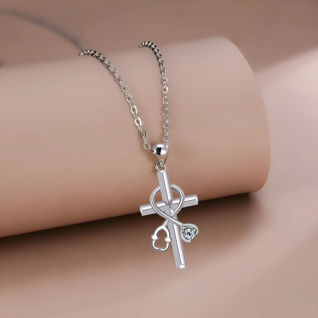Women's copper electroplated necklace with stethoscope pendant on cross chain