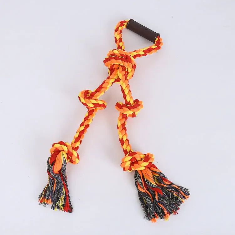 Blue and yellow cotton rope dog toy with handle for large breed tug-of-war