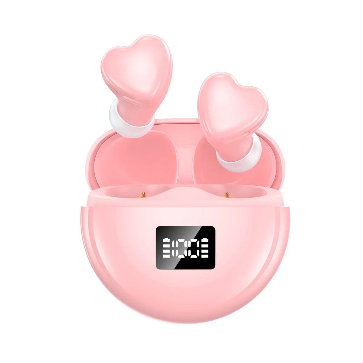 Heart-shaped digital display in-ear earbuds in pink, black, or white with 10m range and 4-8 hour battery