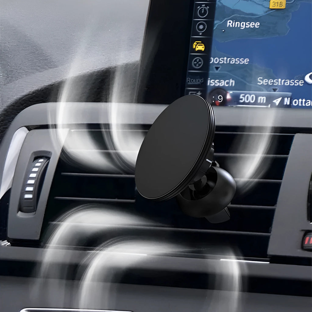 Black aluminium alloy magnetic phone holder attached to car air vent