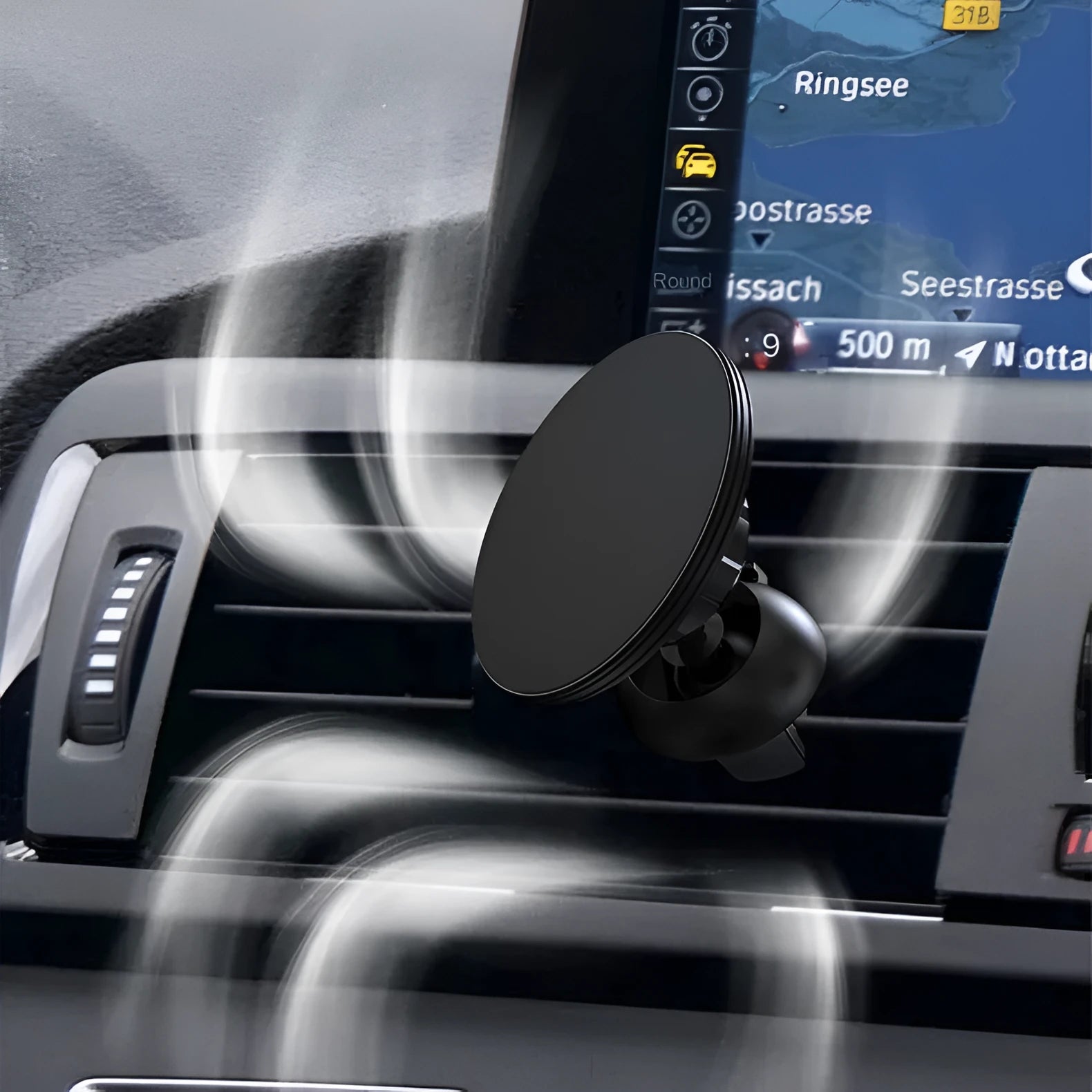 Black aluminium alloy magnetic phone holder attached to car air vent