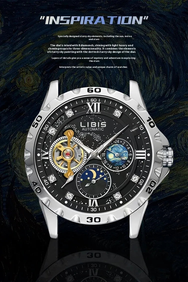 Men's silver automatic mechanical watch with black starry dial on leather strap showing transparent case back