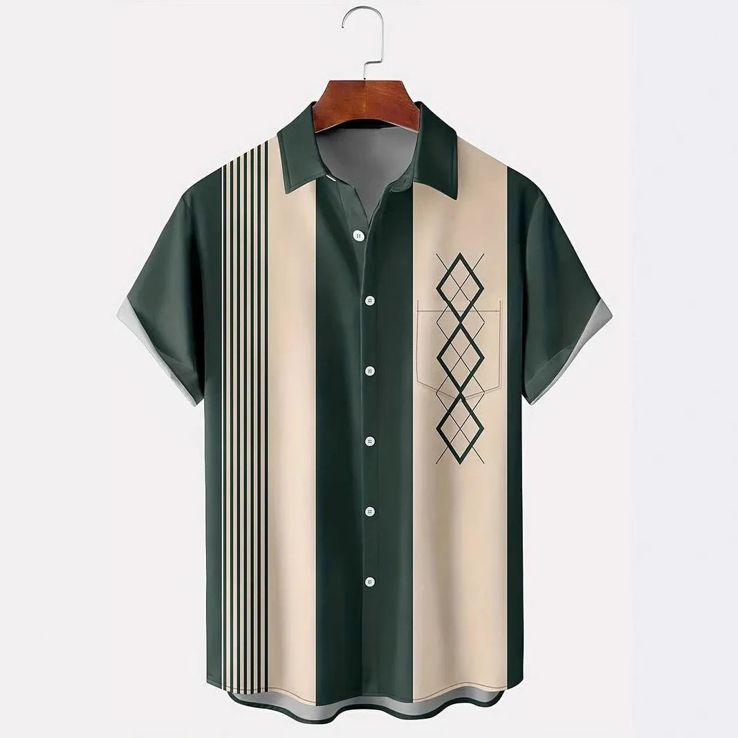 Man wearing a loose-fit short sleeve plaid shirt with a lapel collar in contrasting colours.