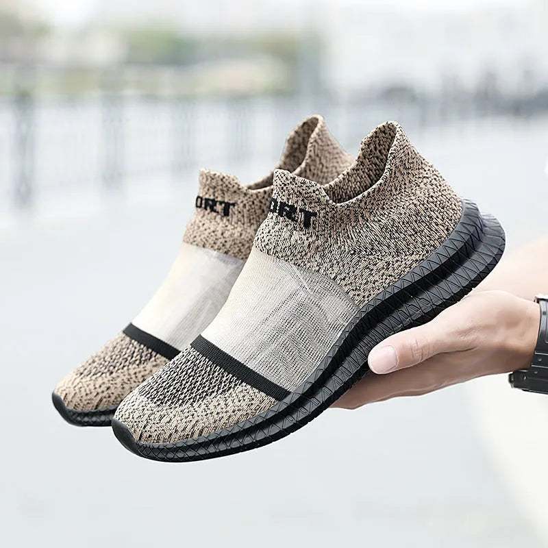 Breathable Flyknit running sock shoes in khaki colour with lace closure and MD sole