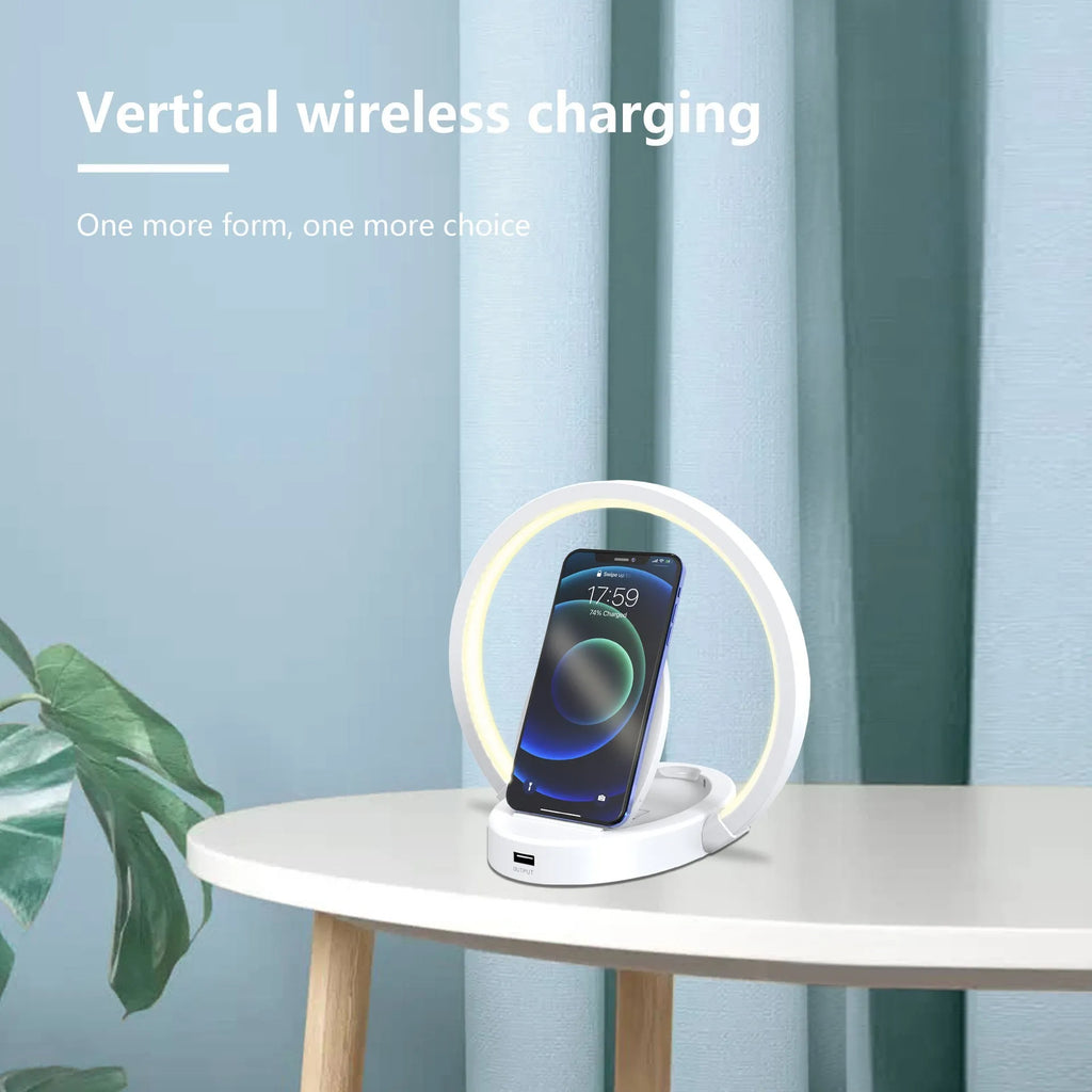 LED desk lamp with 10W wireless charger, Bluetooth speaker, USB port and phone holder, 41 blue-light-free LED beads, adjustable arm and head