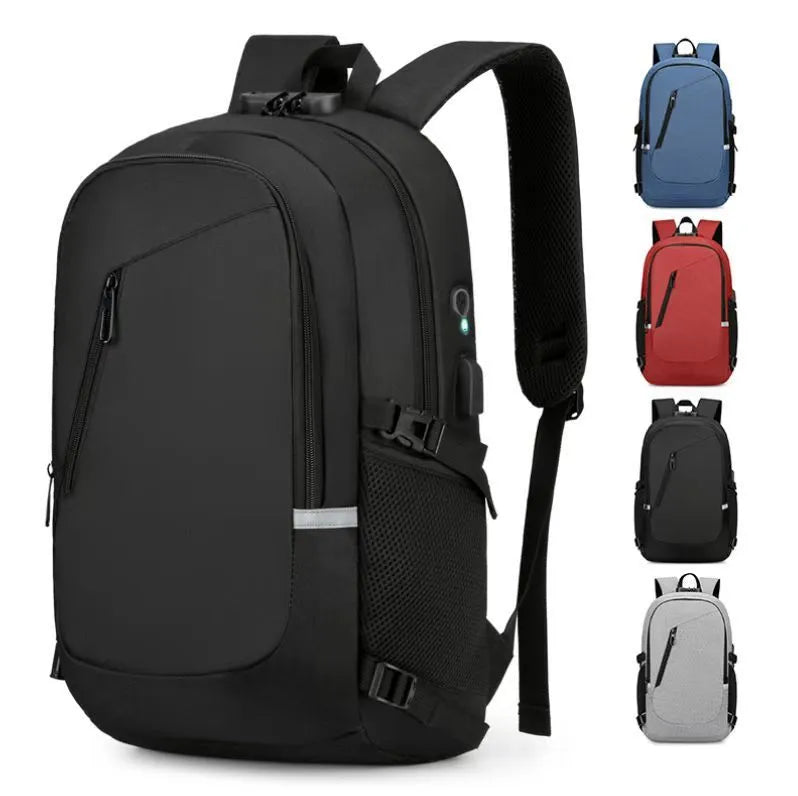 Blue unisex Oxford cloth computer backpack with a street style design, shown from the side.