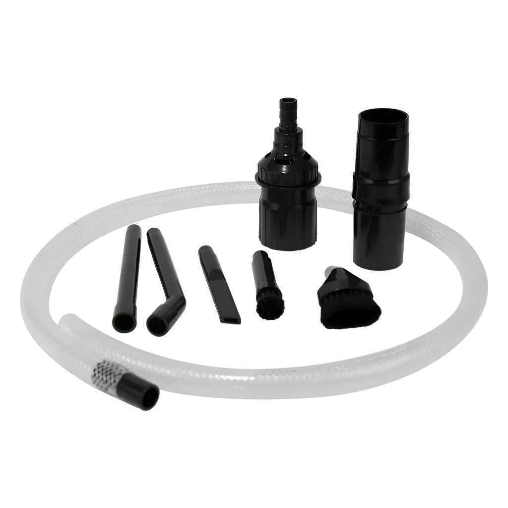 Eight-piece vacuum cleaner accessory set including a small suction head, dusting brush, crevice tool, and upholstery nozzle arranged on a white background.