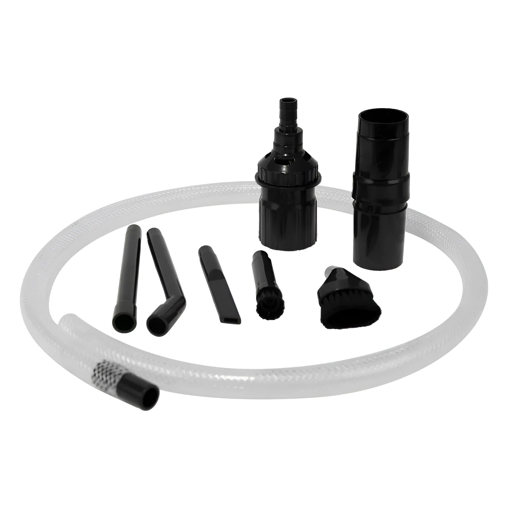 Eight-piece vacuum cleaner accessory set including a small suction head, dusting brush, crevice tool, and upholstery nozzle arranged on a white background.