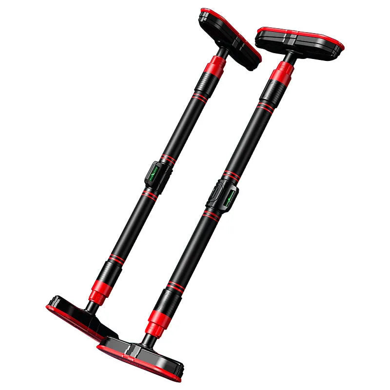 Black steel pipe pull-up bar with EVA and PVC grips installed in a door frame, adjustable 66-90cm