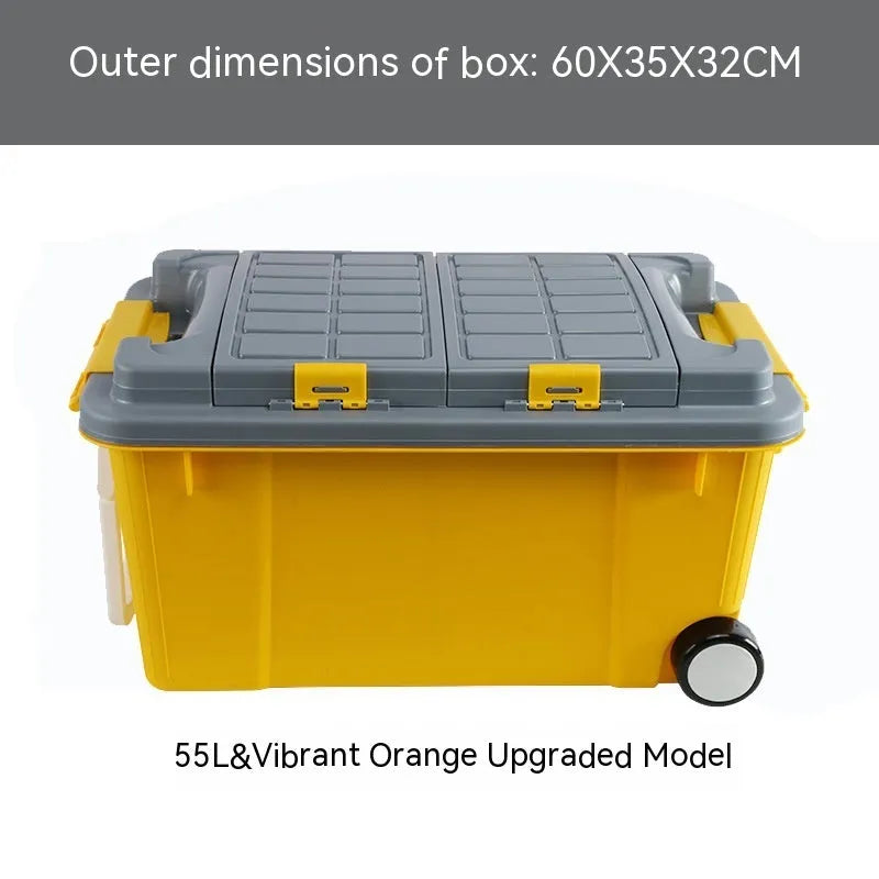 Large orange plastic storage box with wheels and an extended pull handle on a grey floor.