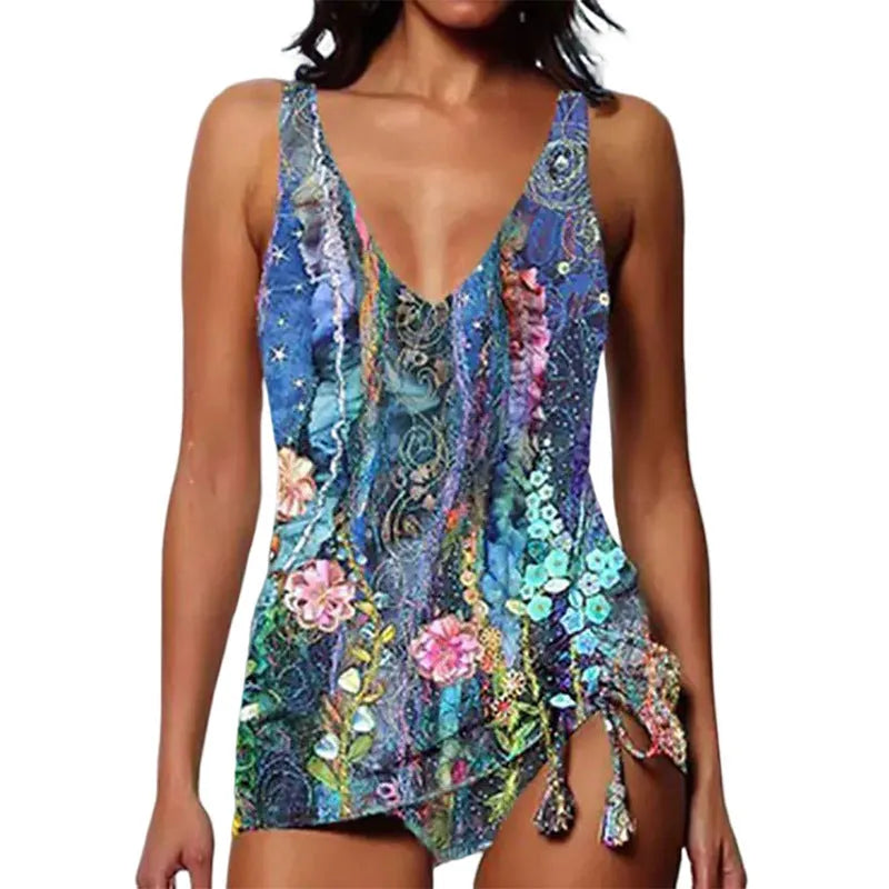 Women's printed triangle bikini swimsuit in spandex fabric on a model.