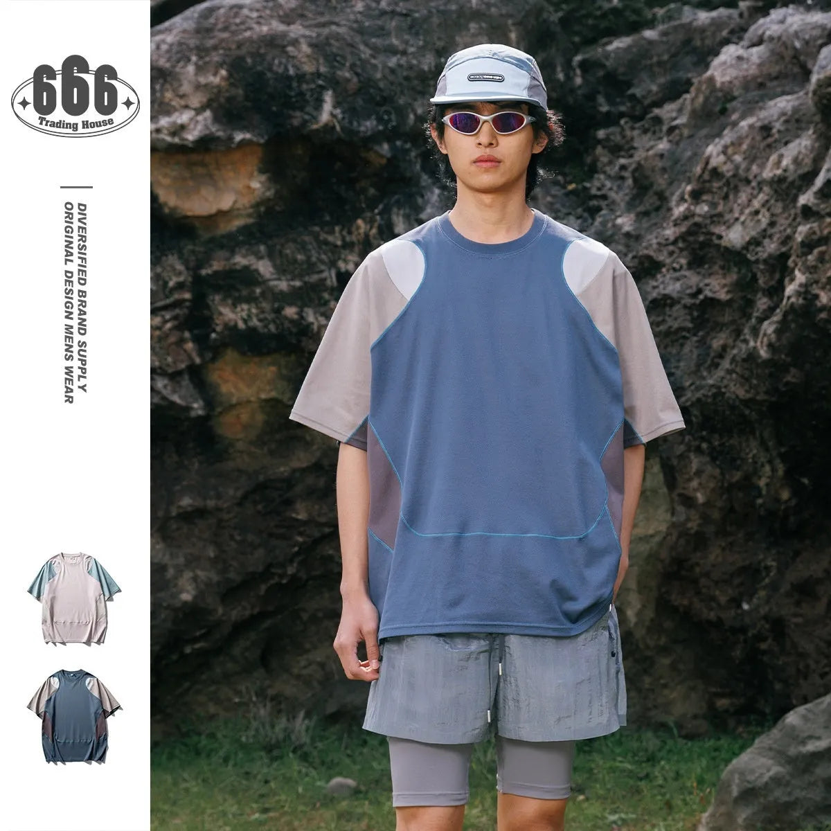 Men's loose blue patchwork contrast short sleeve t-shirt on a hanger