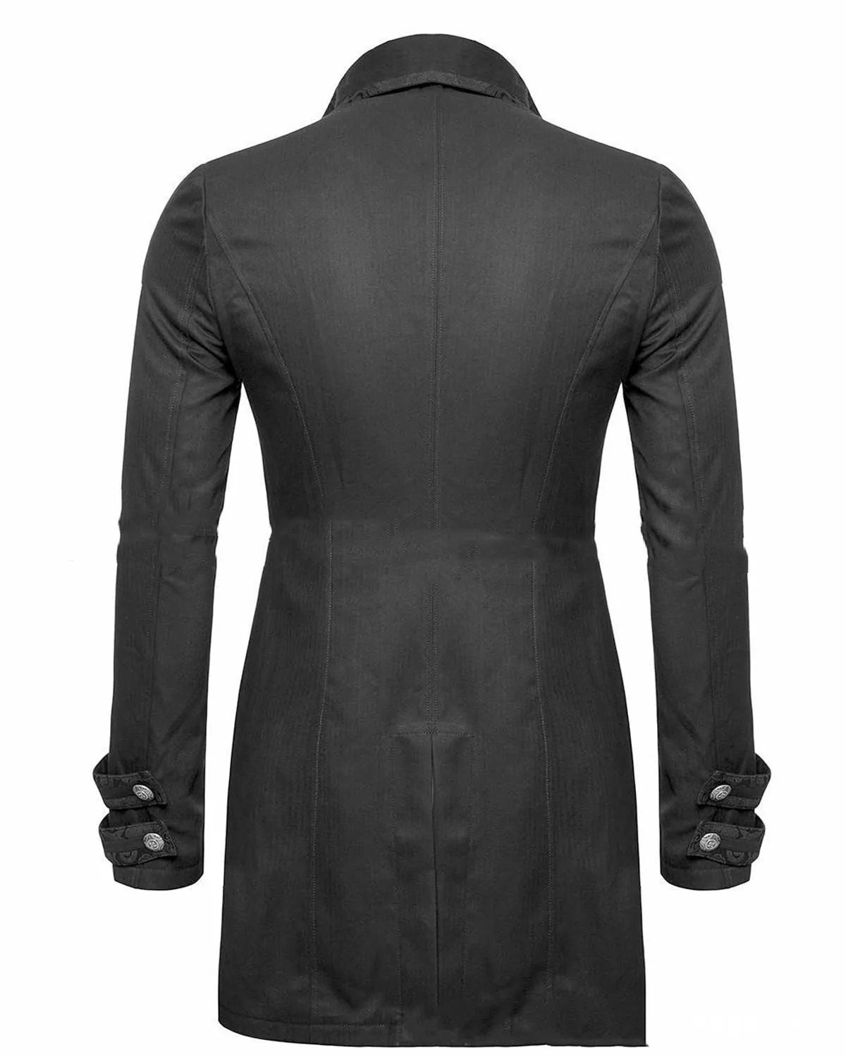 Black Victorian morning gown cosplay jacket on a mannequin, showing button front and period tailoring.